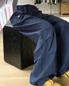 ネイビー ワイドパンツ ナイロンパンツ