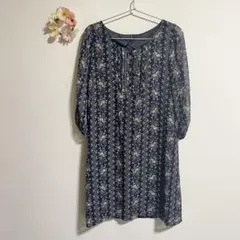 【ギャミヌリィ】ロングワンピース 長袖 (M) ネイビー Uネック 花柄