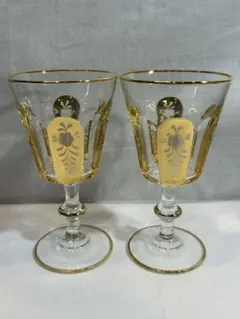 美品】クリスタルガラス ワイングラス 金彩装飾 六角形台座2客セット 