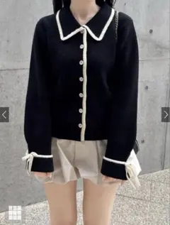 【タグ付き】GRL 配色ラインリボンニットカーディガン[pm708] ブラック