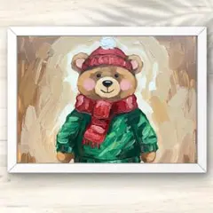 A4 赤い帽子のくまさん 冬のおしゃれニット風アート作品 インテリアアート 油絵