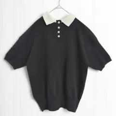 t3172【サルーン】衿付ニットトップス バックボタン ポロシャツ 黒 Ｆ 半袖