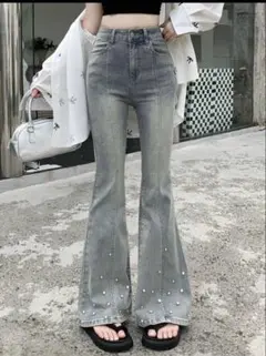 DAZY ポケット付きラインストーン装飾フレアジーンズ　228476800