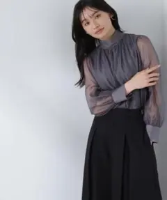 ハイネックボリュームシアーブラウス　チャコール
