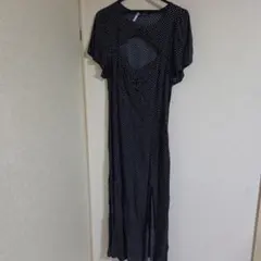 ドット柄 半袖 ロングワンピース ネイビー