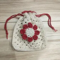 ハンドメイド 手編み巾着袋 花モチーフ