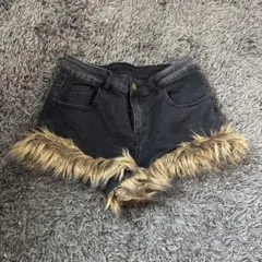 ファー付きデニムショートパンツ ブラックギャルy2k