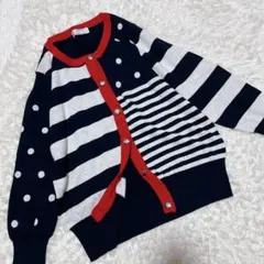 ジーナシス JEANASIS カーディガン ドット ボーダー 赤 ネイビー F