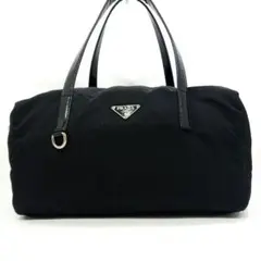 プラダ ミニボストンバッグ ハンドバッグ レザー×ナイロン 三角ロゴ 黒