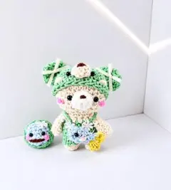 くまの帽子を被って　お友達と魚釣り　あみぐるみ　ハンドメイド　サロペット　癒し