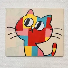 原画】カラフルな猫の絵画 キャンバスアート 抽象画 アクリル画 ネコ