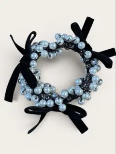 リボン付き パールヘアゴム ブラック 上品 フォーマル