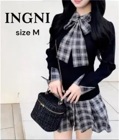 INGNI チェック柄ボウタイシャツ ドッキングニットワンピース