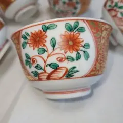 たち吉　金彩赤絵　間取赤絵　お茶呑茶碗　湯呑み　5客揃い　花鳥文
