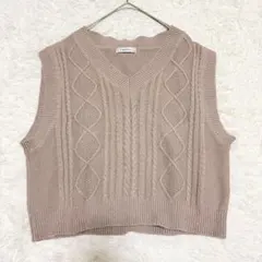 イング　ニットベスト　ベージュ【M】Vネック　ケーブルニット　ショート丈