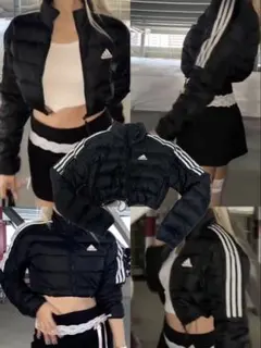 adidas ブラック リメイククロップドダウンジャケット　ジップアップ　一点物
