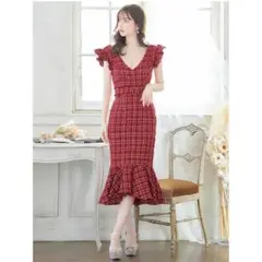 【新品】JEWELS ジュエルズ マーメイドツイード 肩フリル ミディアムドレス