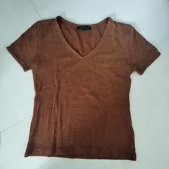 RESTIR ラメ入り Vネック 半袖 Tシャツ ブラウンのサムネイル