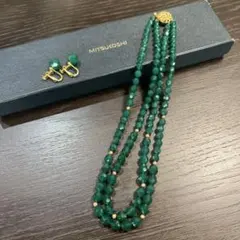 MITSUKOSHI グリーンメノウ2連ネックレス・イヤリングセットのサムネイル