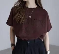 ボンジュールサガン　カレッジ刺繍ピグメントスウェットTシャツ　レッドブラウン