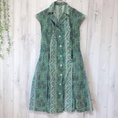 【レトロ】総柄 ペイズリー柄 ワンピース ノースリーブ グリーン M相当