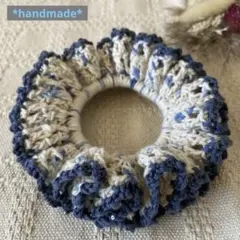 ハンドメイド ニットシュシュ ヘアアクセサリー ブルー系 春夏