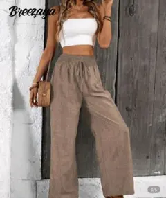 リネン風ベージュワイドパンツ