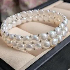 パールブレスレット　淡水パール　本真珠　ホワイト　艷やか　冠婚葬祭　編み込み