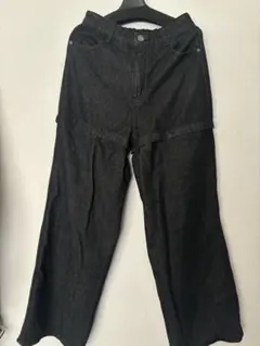 ブラック ワイドレッグ デニムパンツ