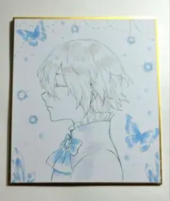 手描きイラスト オリジナル 一次創作 少年 蝶 鉱物 青 色紙 アナログ 絵