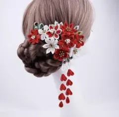 和装髪飾り 赤白花モチーフ セット