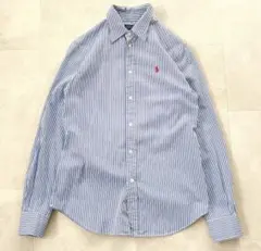 美品 ポロラルフローレン ストライプ ストレッチ シャツ ポニー刺繍 ブルー