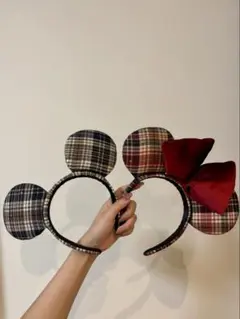 ディズニー カチューシャ ペア 2個セット タータンチェック 赤 ネイビー