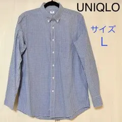 ユニクロ ギンガムチェック チェック柄コットンシャツ 長袖 襟付き ブルー 青Ｌ