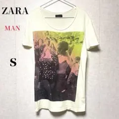 ZARA MAN 半袖プリントTシャツ S メンズ 白 総柄 コットンリネン」