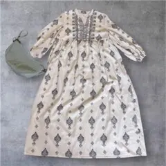 【美品】FRIFUL ダマスク柄ロングワンピースホワイト エスニックSサイズ