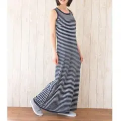 【Mサイズ】ボーダー マキシ丈 ロングワンピース ノースリーブ (ネイビー)