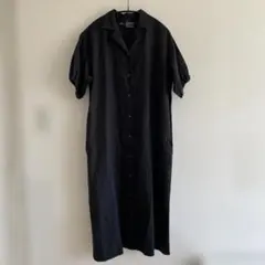 無印良品 麻100% 黒 ロングシャツワンピース M〜L パフスリーブ