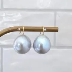 538特大グレーパール揺れないフックピアス15mm 14Kgfゴールド