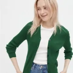 【新品タグ付き】エクストラファインメリノリブショートカーディガン　緑　M