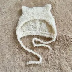 もこもこねこ耳ボンネット 手編み ベビー帽子 ウール 新生児