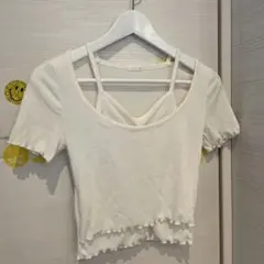 ホワイト クロスストラップ 半袖Tシャツ