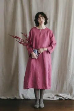 【美品】fog linen work リネン長袖ワンピース ピンク