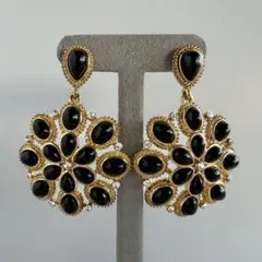 ヴィンテージ エナメルブラックフラワー 大ぶり揺れ ゴールド P9