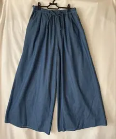 デニム風 ワイドパンツ 薄手 ゆったり ゴム・紐付き