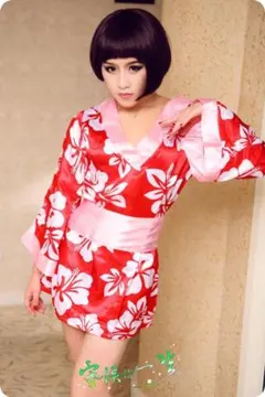 （新品） 花柄 肩出し 着物ミニ 和服風 浴衣 バスローブ セクシー 腰帯付き
