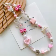 ハンドメイド໒꒱⋆ピンク リボン ハート ビーズ ストラップ スマホ チャーム