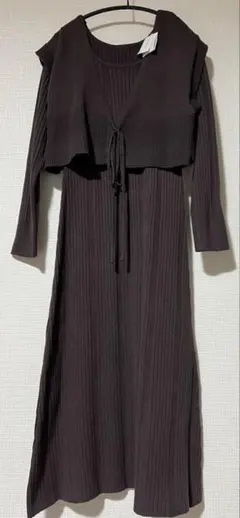 archives ニットベスト+リブニットワンピースSET ブラウン