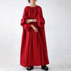 【新品】2WAY ワンピース レッド 大人可愛い ギャザー マキシ丈 体型カバーのサムネイル