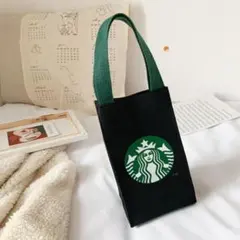 スタバ ミニバッグ 黒 巾着袋 ホルダー　水筒 ペットボトルカバー ボタン開閉